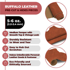 Buffalo Leather Hide 5-6 oz (2-2.4mm) Pre-Cut Craft Leather Sheets | Full Grain Genuine Leather for Crafting Supplies