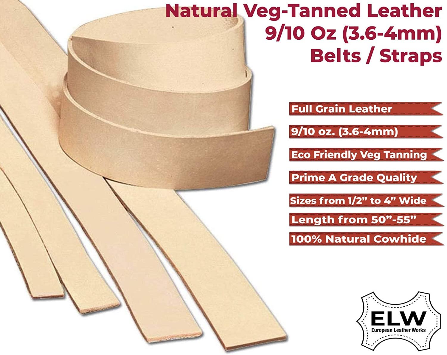 ELW Import Tooling Leather 9/10 oz Natural Belt Blanks/Strips/Straps from Full Grain Vegetable Tanned Tooling Leather up to 55" Secondary image