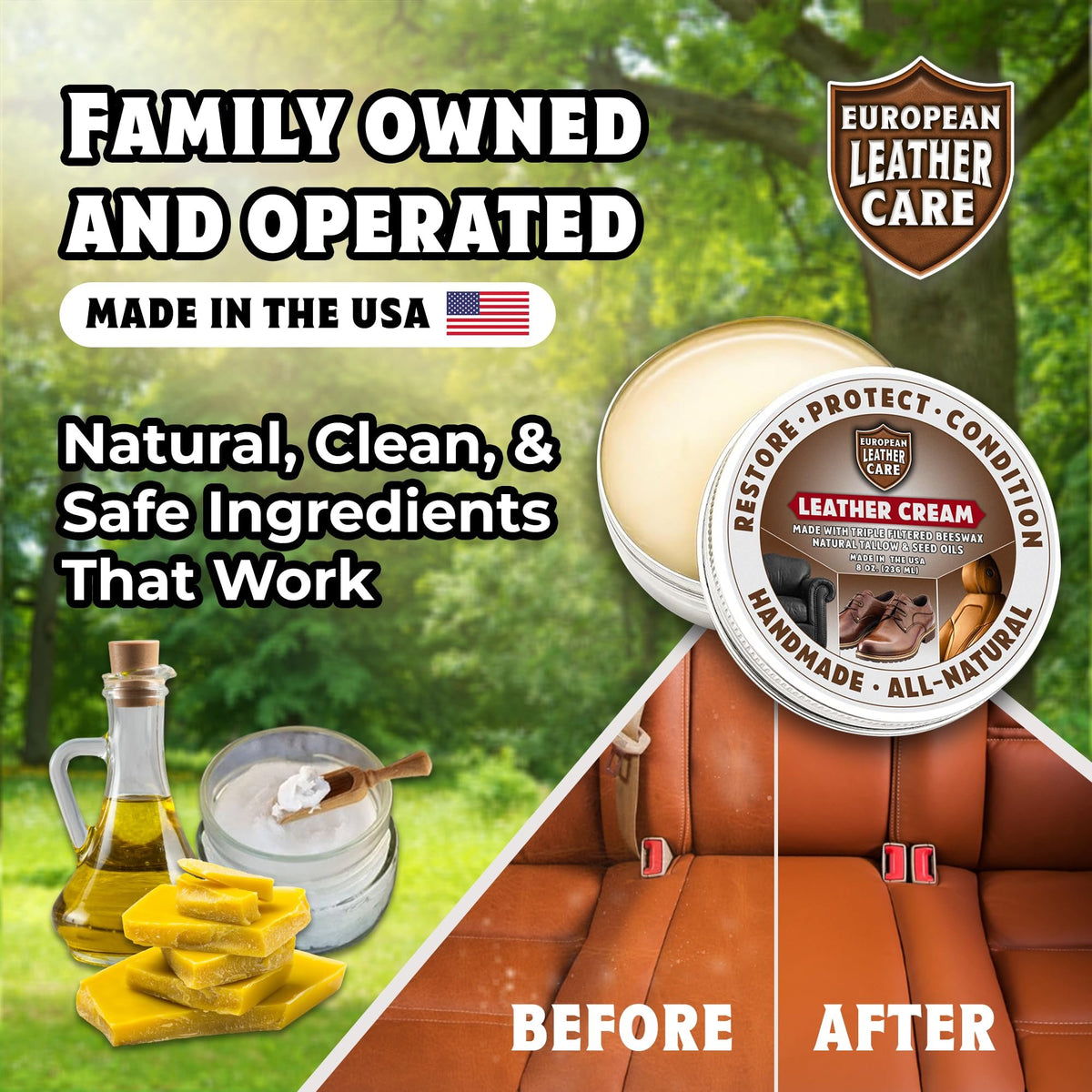 Leather Cream Conditioner & Protection - All Natural Ingredients - European Leather Care Cream - Made in the USA