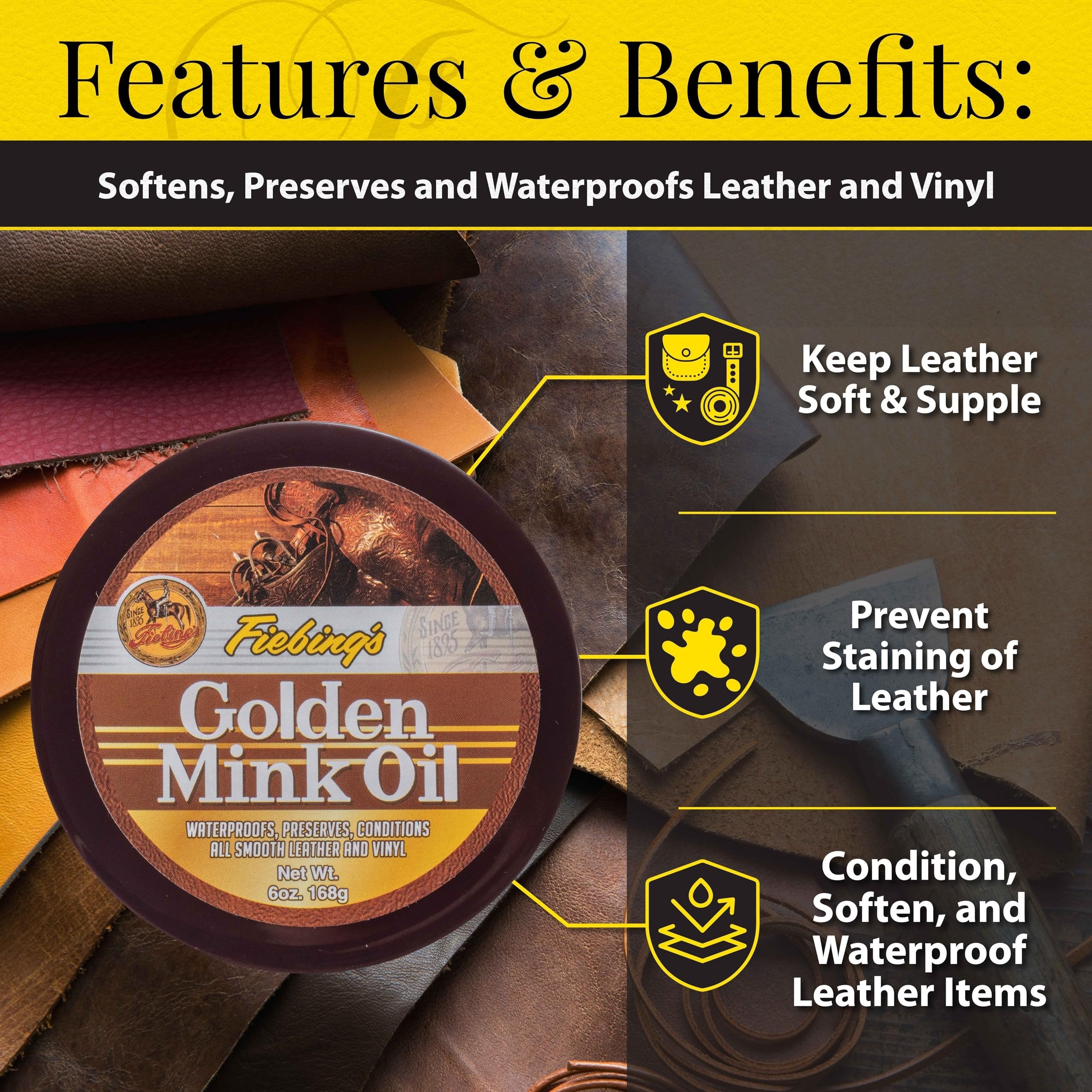 Fiebing's Golden Mink Oil for Leather Boots (2 Pack, 6 oz Each) - Leather Cleaner & Conditioner - Waterproof, Preserve, Soften All Smooth Leathercraft & Vinyl - Prevents Salt Stains On Couch, Purse Secondary image