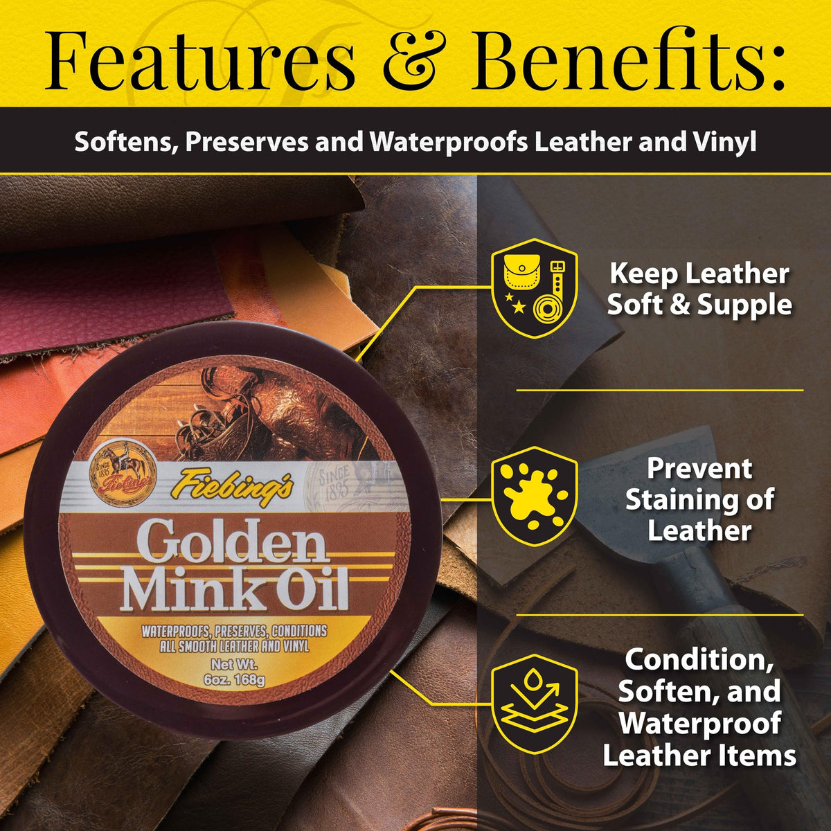 Fiebing's Golden Mink Oil for Leather Boots (2 Pack, 6 oz Each) - Leather Cleaner & Conditioner - Waterproof, Preserve, Soften All Smooth Leathercraft & Vinyl - Prevents Salt Stains On Couch, Purse