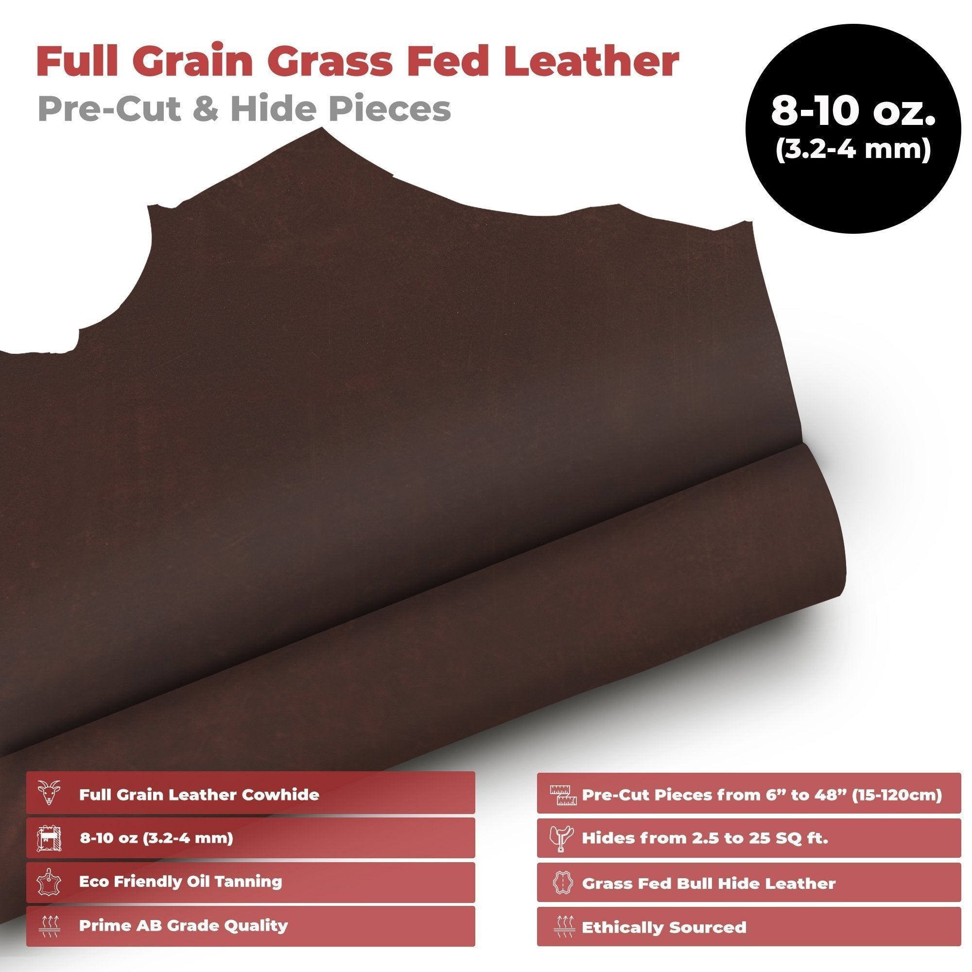 ELW 8-10 oz. (3-4mm) Thick Pre-Cut Piece 6"x6'' to 24"x48" - Available Bourbon, Tobacco & Whiskey Brown Color - Full Grain Leather Grass Fed Cow Hides, Oil Tanned for Tooling, Carving, Molding, Craft, Hobby, Sewing, Pyrography, Knife Sheaths