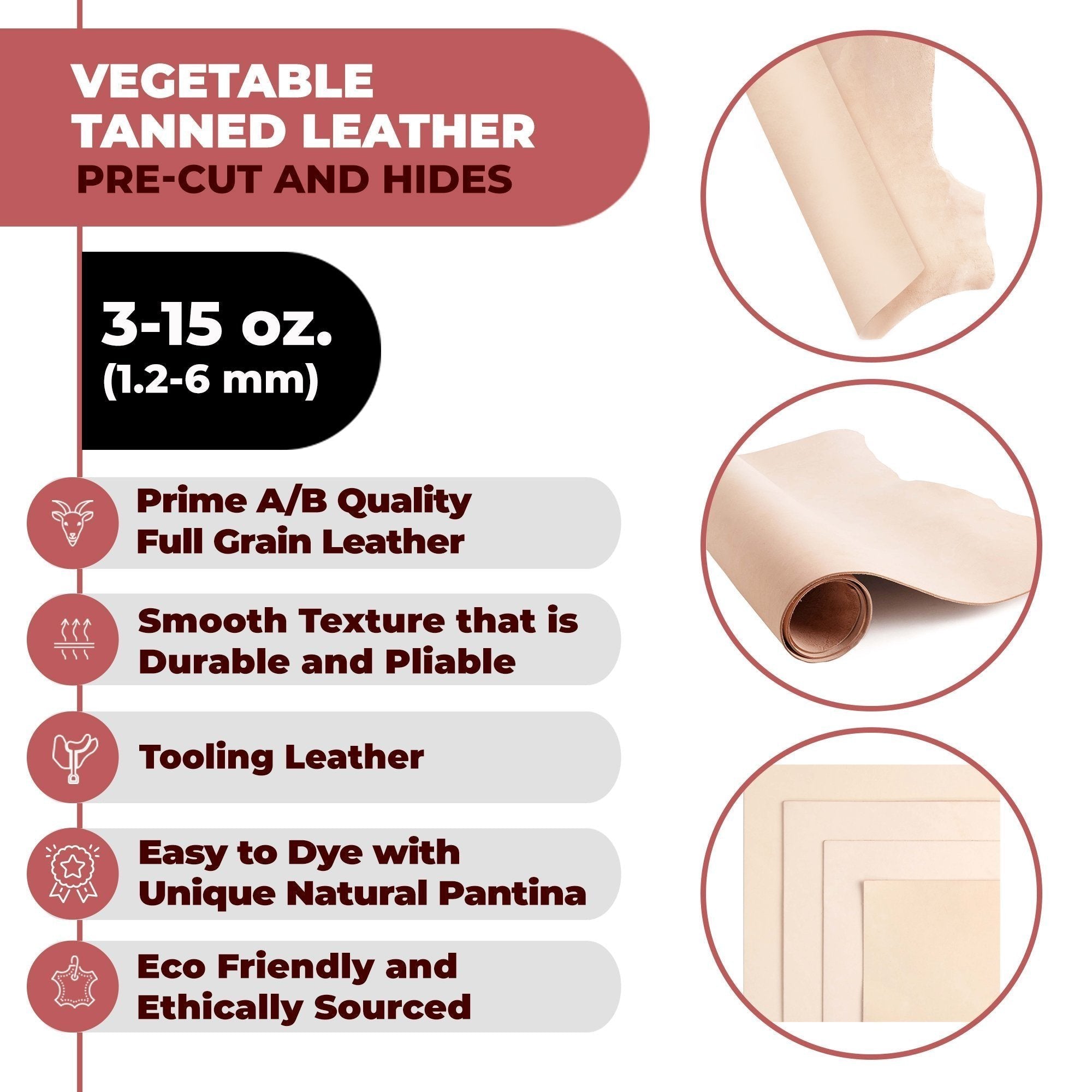 11-15 oz (4-6mm) Vegetable Tanned Leather Craftsmen Cut Tooling Leather Cowhide Full Grain Leather Secondary image