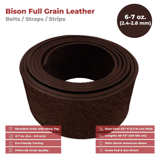 ELW 6-7 oz. (2.4-2.8mm) - 72" (183cm) Length, Straps, Belts, Strips | Full Grain Leather Bison Hide DIY Craft Projects, Bag, Chap, Motorcycle, Shoe, Clothing, Jewelry, Wrapping