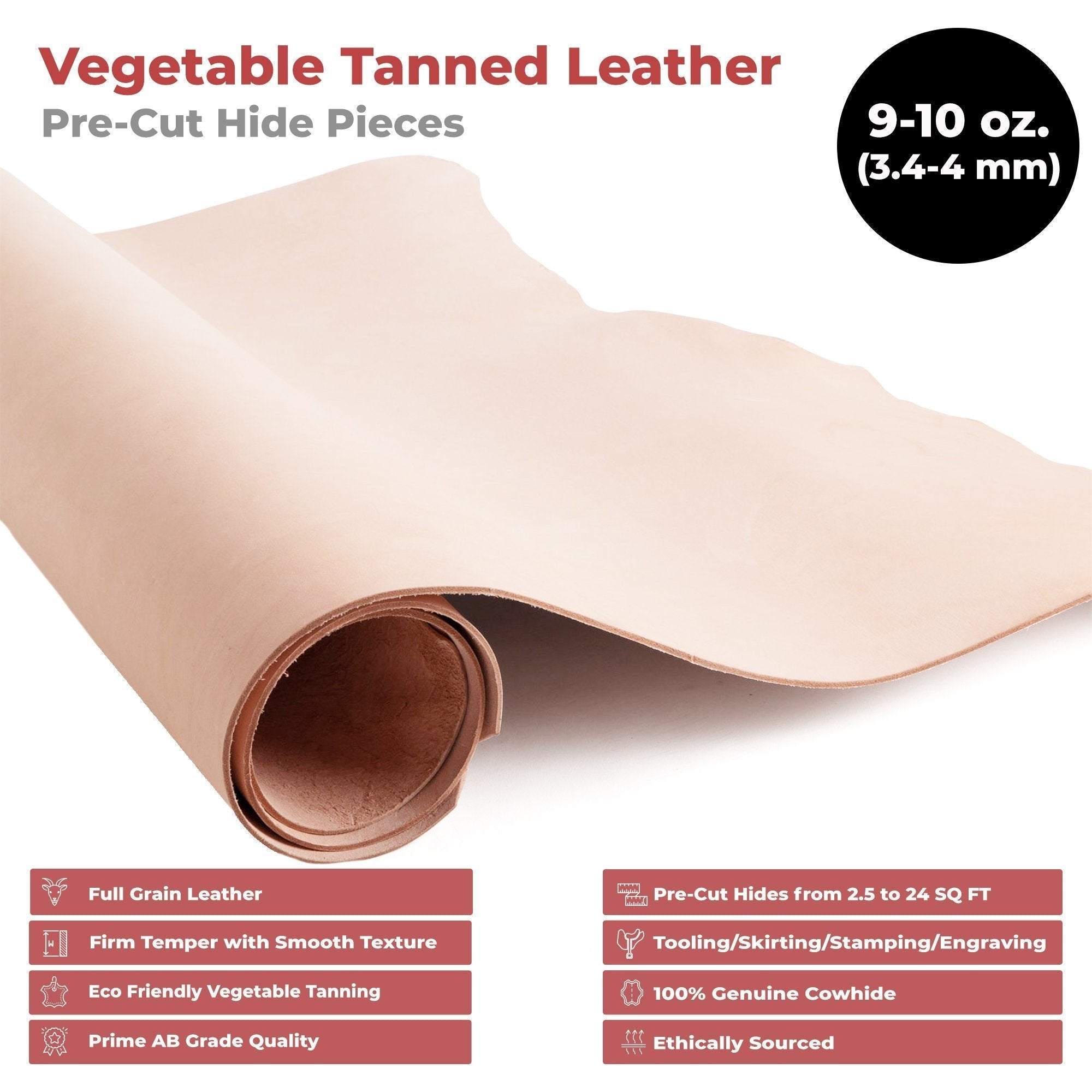 ELW Vegetable Tanned Leather Shoulder 9-10 oz. (3.6-4mm) Thickness Weight Pre-Cut Hides from 2.5 to 25 SQ FT Full Grain Leather Tooling Craft Repair Secondary image