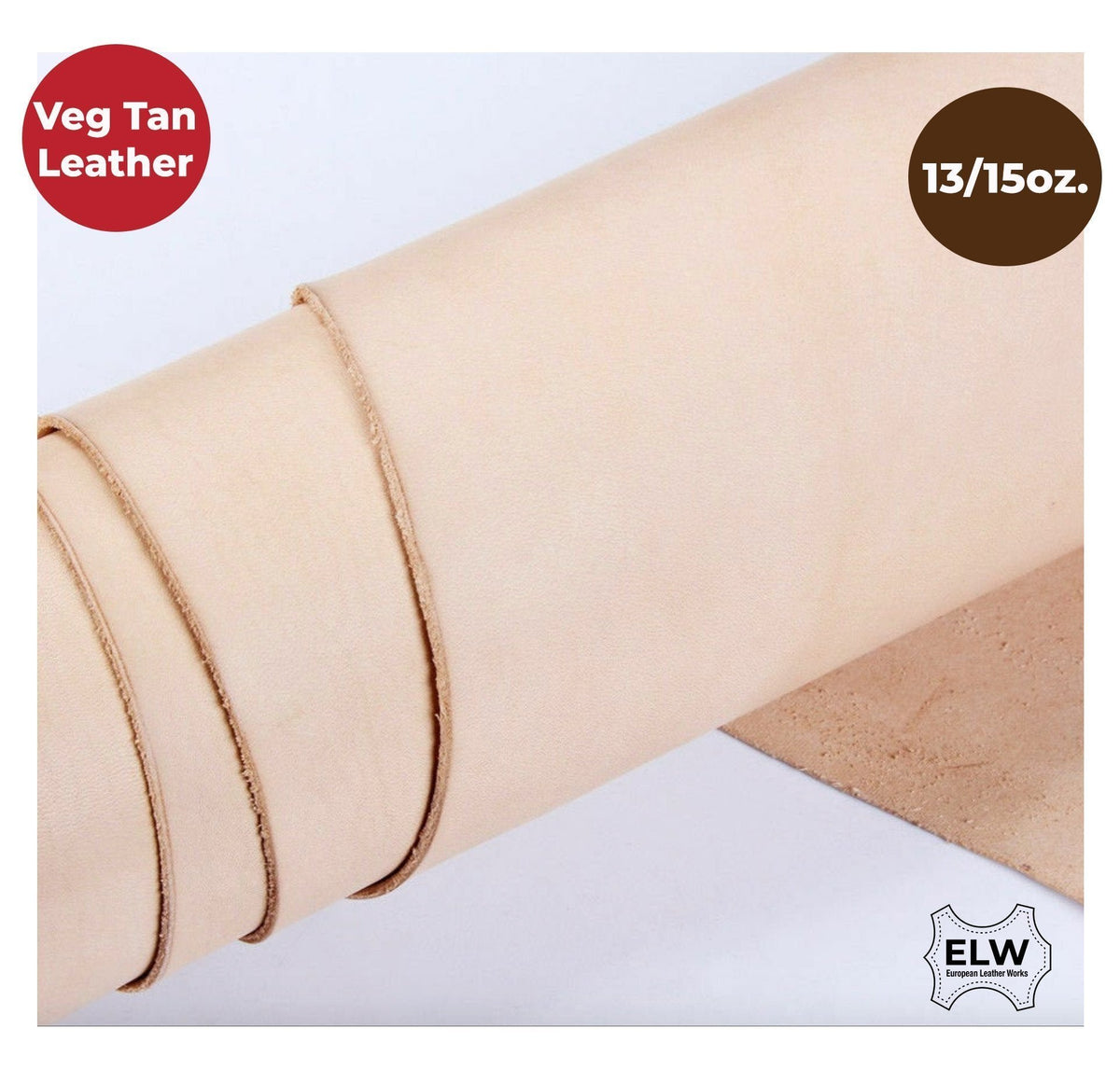 Veg Tan Full Grain Leather 13/15 Oz. (5.2-6mm) Heavy Thickness  Pre-Cut 6" to 48" Sizes  Natural Cowhide Skirting Tooling Leather Crafts Projects Repair Molding Main image