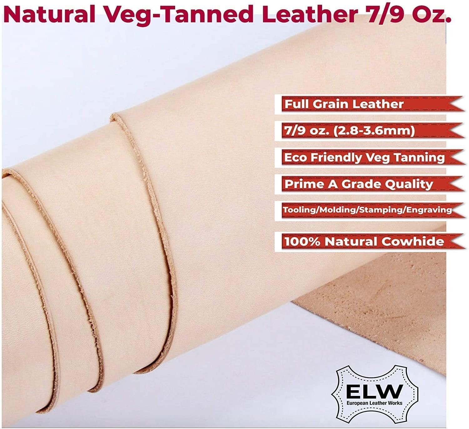 ELW 100% Veg Tan Full Grain Leather Cowhide Pre-Cut Pieces 7-9oz (2.8-3.6mm) - Import AA Grade Tooling Leather Hide - Vegetable Tanned Leather for Tooling,Carving,Molding,Dyeing Secondary image