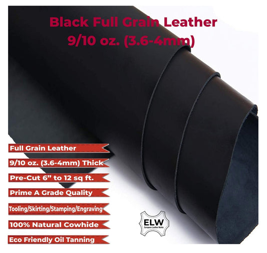 ELW Oil Tanned Black Leather 9-10 oz (3.6-4mm) Thickness Pre-Cut Cowhide Full Grain Leather for Tooling, Holsters, Knife Sheaf, Carving, Embossing, Stamping