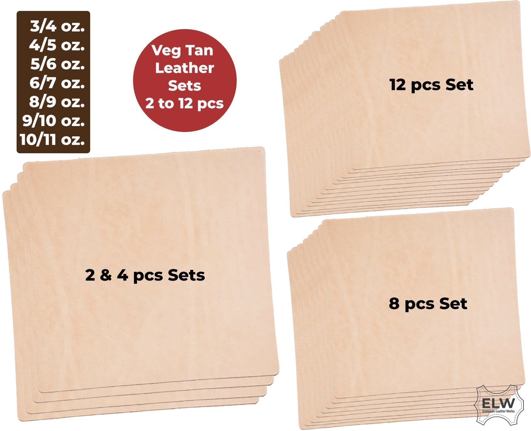 ELW Vegetable Tanned Leather Discount Priced Bundle Sets 3/4oz 5/6oz 6/7oz 8/9oz 9/10oz 11/12 oz (1-4.8mm) Cowhide Full Grain Leathercraft Holsters Knife Sheates Coasters Emboss Stamp Tool Secondary image
