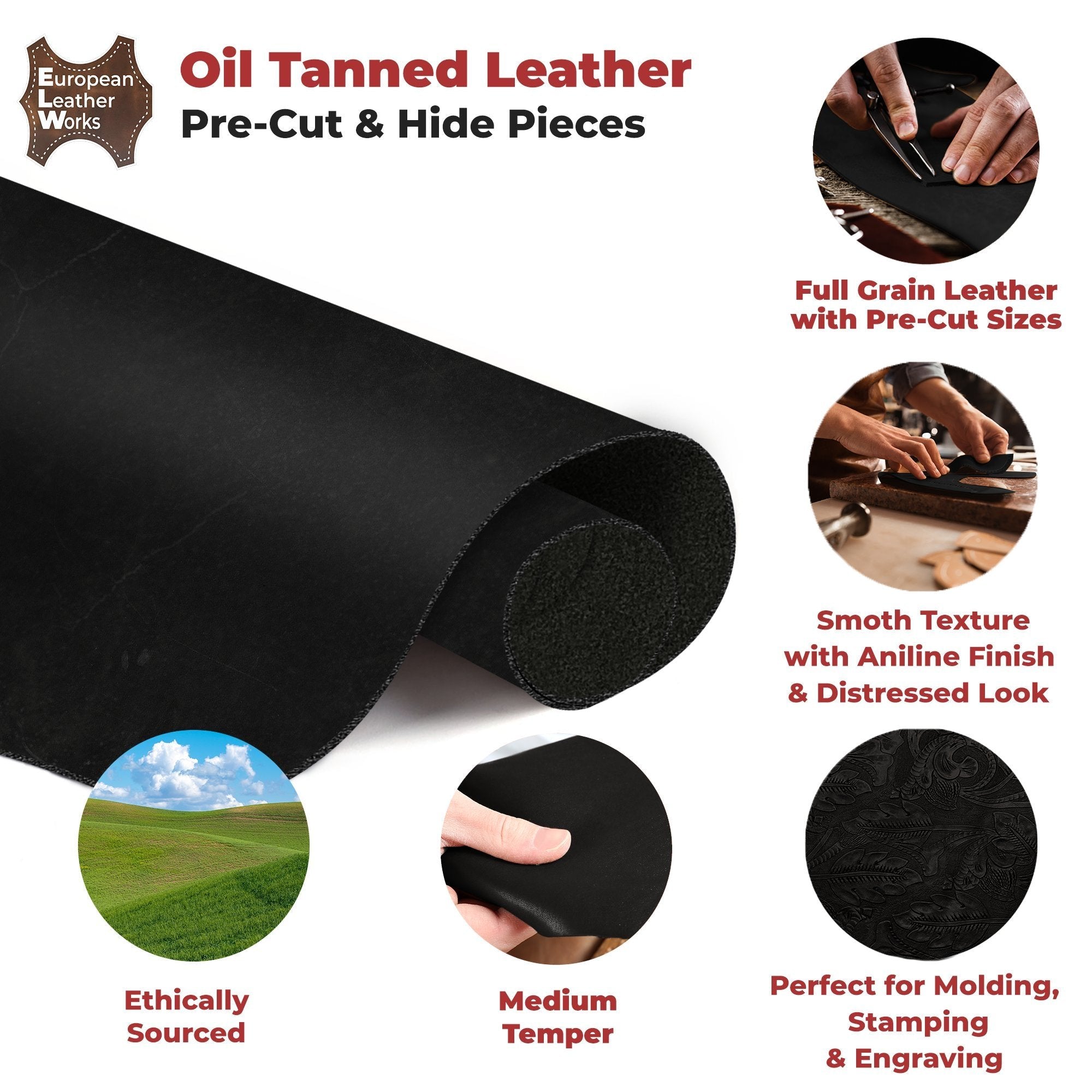 ELW 9-10 oz (3.6-4mm)  Heavy Weight Oil Tanned Cowhide Full Grain Leather for Tooling, Holsters, Knife Sheaf, Carving, Embossing, Stamping, Collar, Leash, Crafting