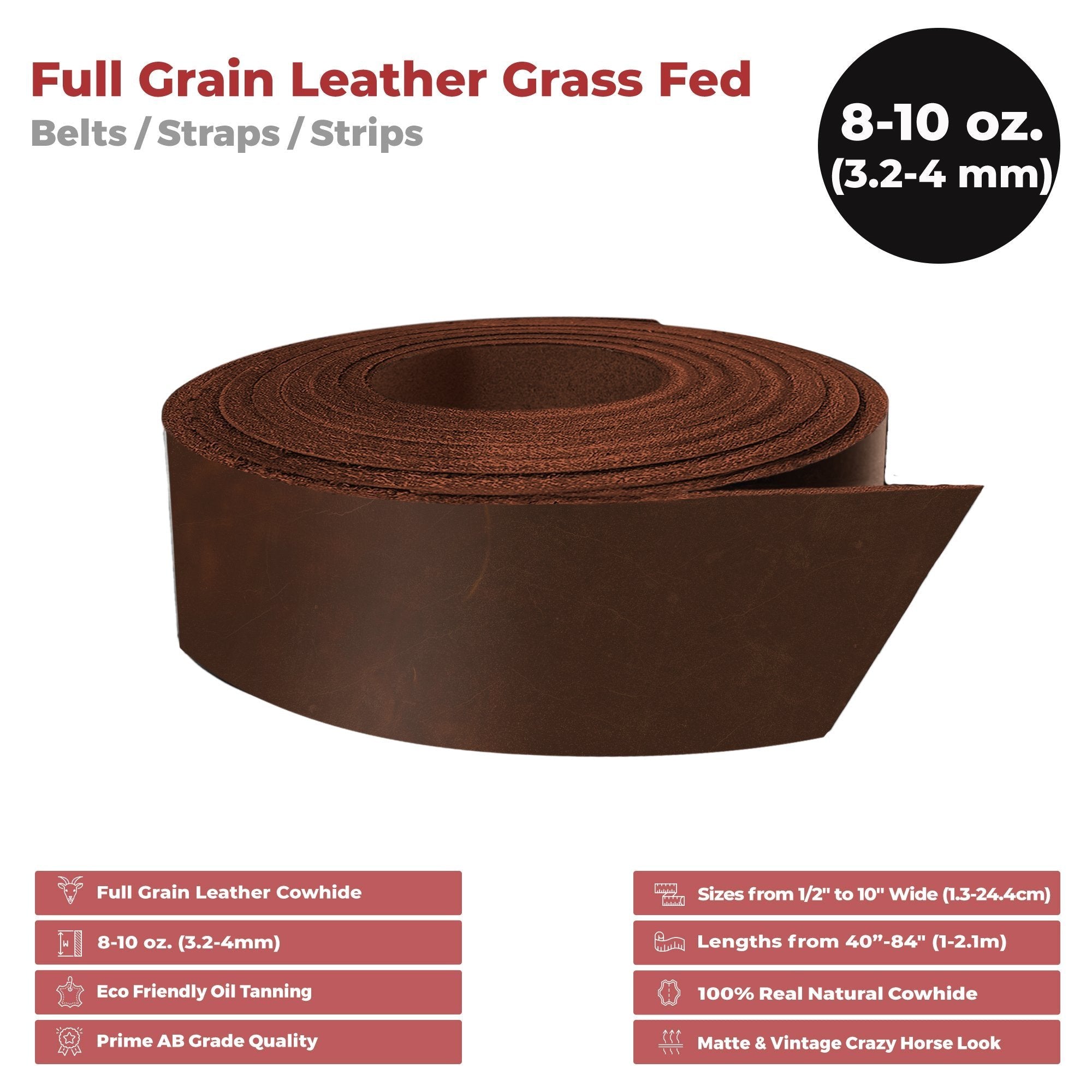 ELW Grass Fed Leather 8-10 oz. (3-4mm)  40" Length Full Grain Cowhide Belt Blank, Straps Tooling, Holsters, Saddle Bags, Knife Sheaths