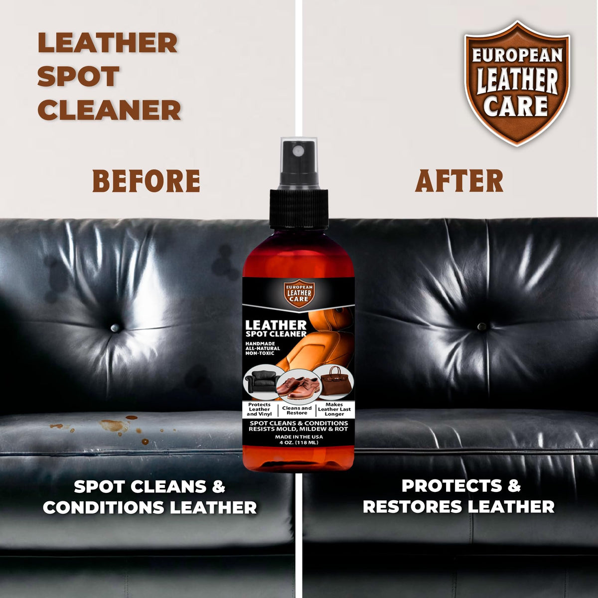 Leather Spot Cleaner  - All Natural Ingredient - European Leather Care - Made in USA