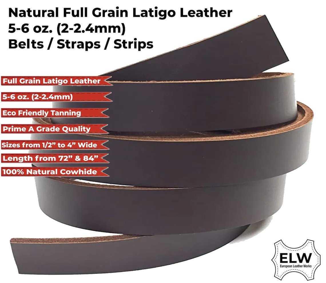 Brown 5/6 oz. (2mm) Tooling Leather Belt/Strip/Straps 1/2" to 4" Wide, 68-72 Inches Long