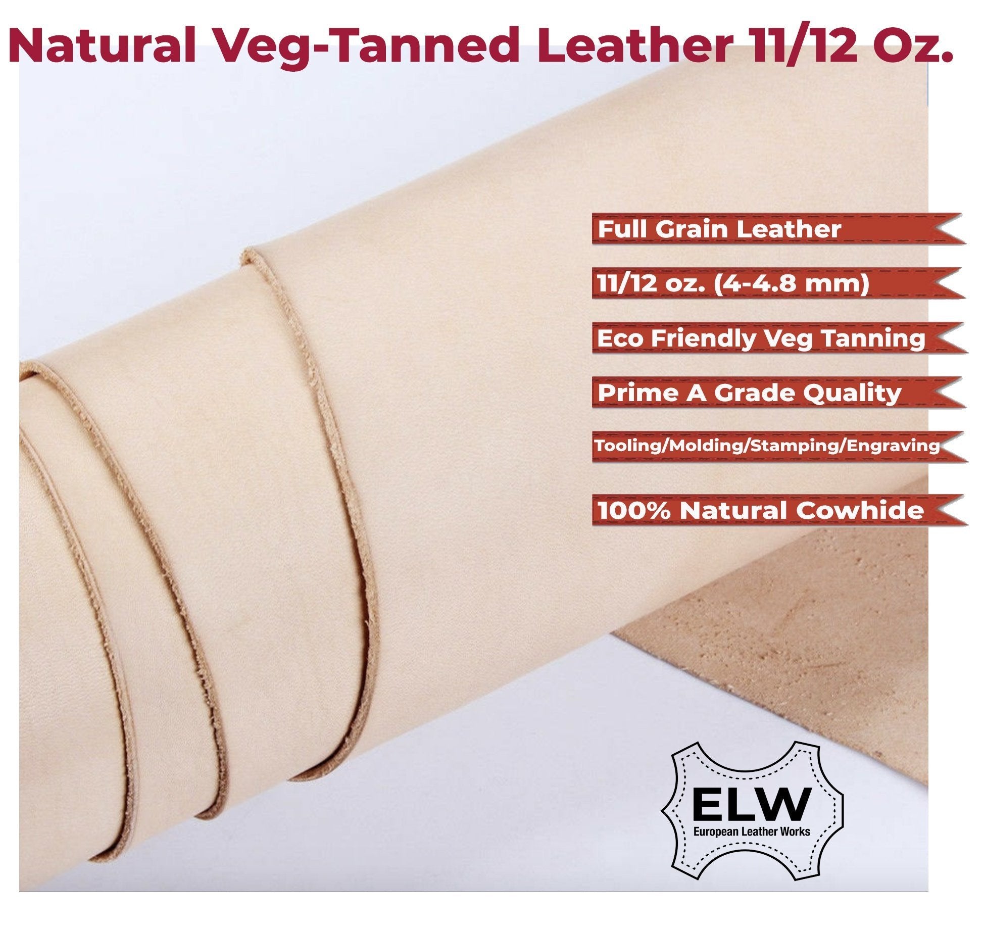Veg Tan Tooling Leather 11/12 oz (4.4-4.8mm) 2 Piece Special Price Import AA Grade Tooling Cowhide Leather Hide - Vegetable Tanned Leather for Tooling, Carving, Molding, Holster, Projects Secondary image