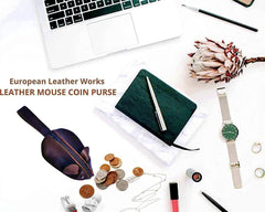 European Leather Works Mouse Coin Purse, Handmade Genuine Full Grain Leather with Rustic Cute Design, Perfect gift, Change Pouch Wallet