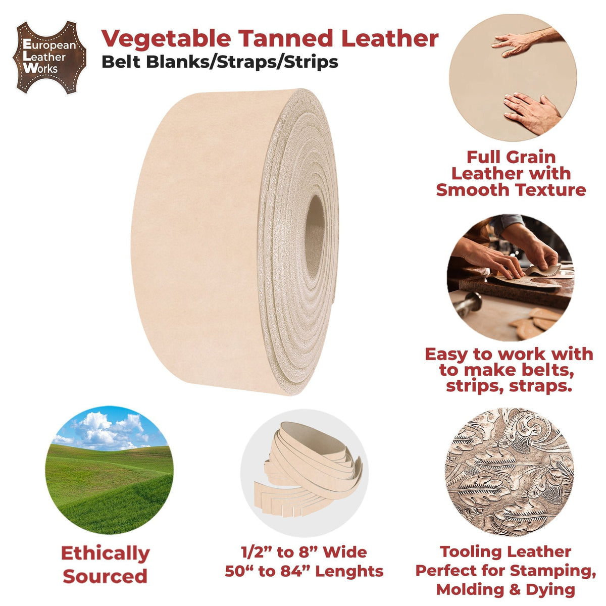 ELW Leather Blank Belt - 5-6 oz (2-2.4 mm) to 6-7 oz (2.4-3 mm) Thickness - Cowhide Vegetable Tanned - Full Grain Strip, Strap - Ideal for DIY Belts for Tooling, Crafting & Stamping