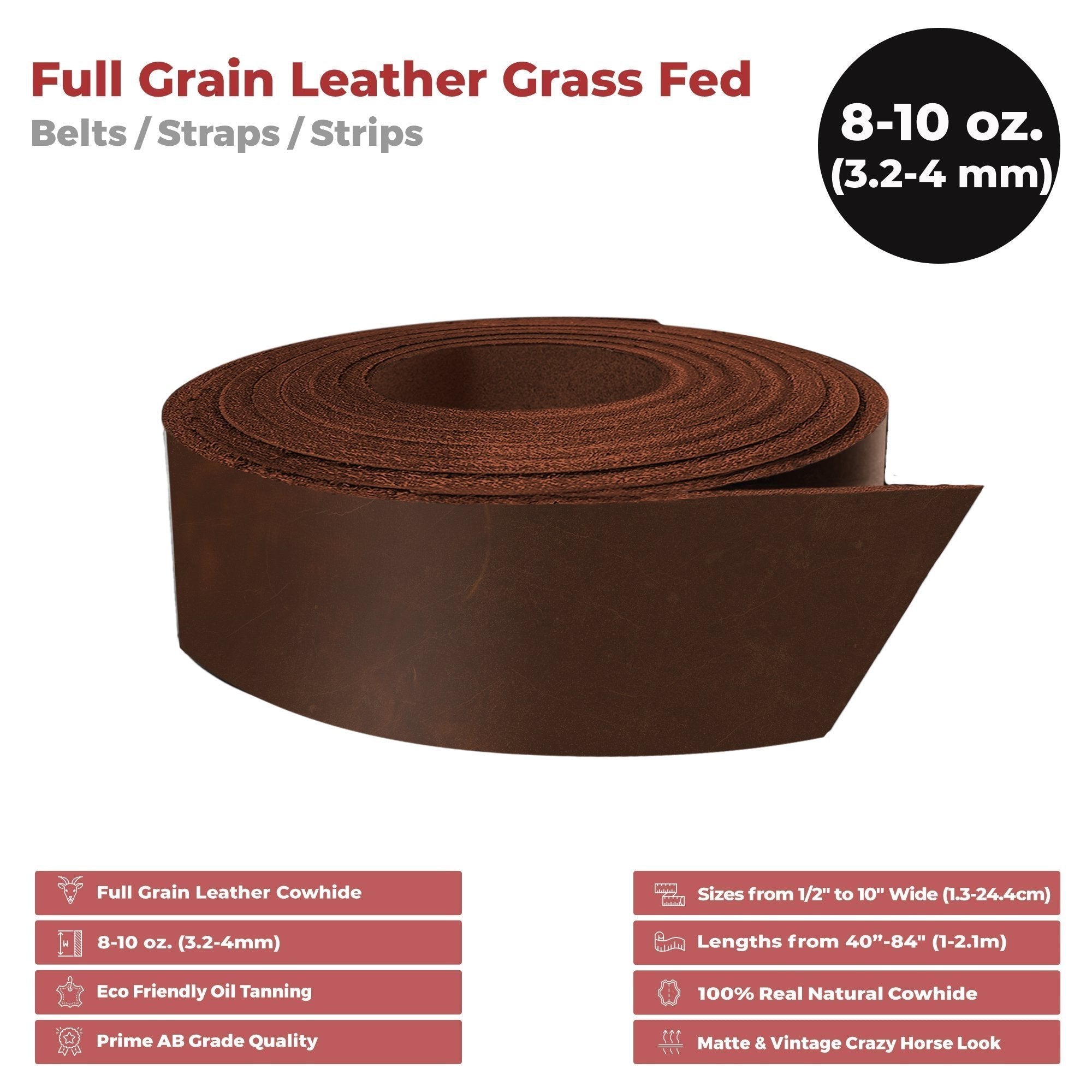 ELW Grass Fed Leather 8-10 oz. (3-4mm)  60" Length Full Grain Cowhide Belt Blank, Straps Tooling, Holsters, Saddle Bags, Knife Sheaths