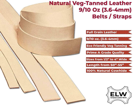 Import Tooling Leather 9/10 oz Natural 50-54" Length Belt Blanks/Strips/Straps from Full Grain Vegetable Tanned Leather