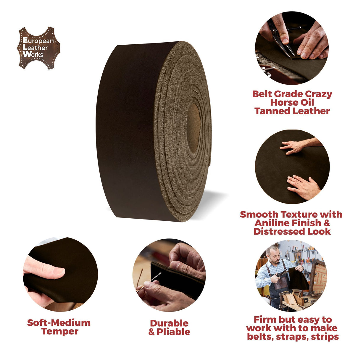 ELW 5-6 oz (2-2.4mm) Straps, Belts, Strips 50" Length - Full Grain Leather Crazy Horse Belt Medium DIY Craft, Pet Collars, Blanks, Accessory, Jewelry, Wrapping