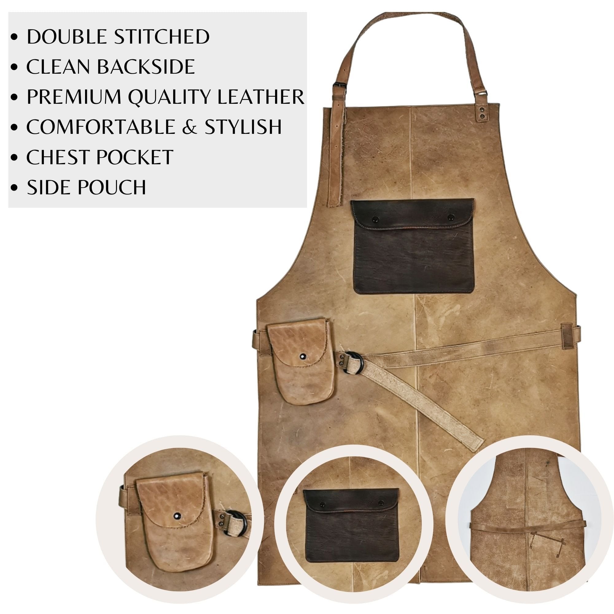 ELW Full Grain Leather Apron-Chest Pouch with Side Pocket, BBQ Apron, Kitchen, Cooking, Bartending, One Size for Men & Women