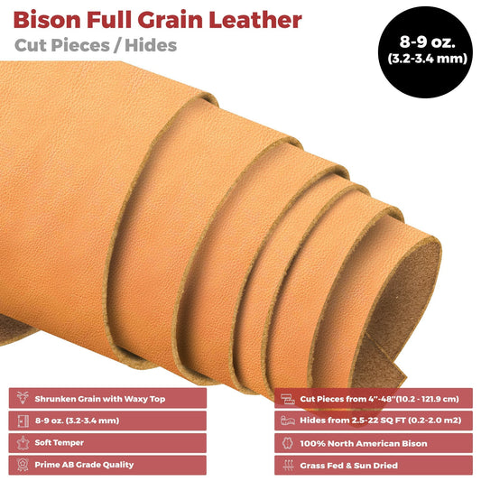 ELW Genuine American Leather Bison 8-9 oz (3.2-3.4mm) Pre-Cut - 4 to 23 SQ FT -Full Grain Leather Bison Hide DIY Craft Projects, Bag, Chap, Motorcycle, Clothing, Jewelry, Moccasins