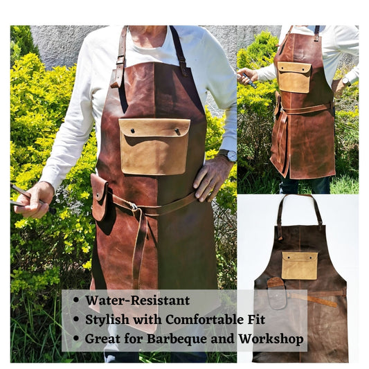 ELW Full Grain Leather Apron-Chest Pouch with Side Pocket, BBQ Apron, Kitchen, Cooking, Bartending, One Size for Men & Women