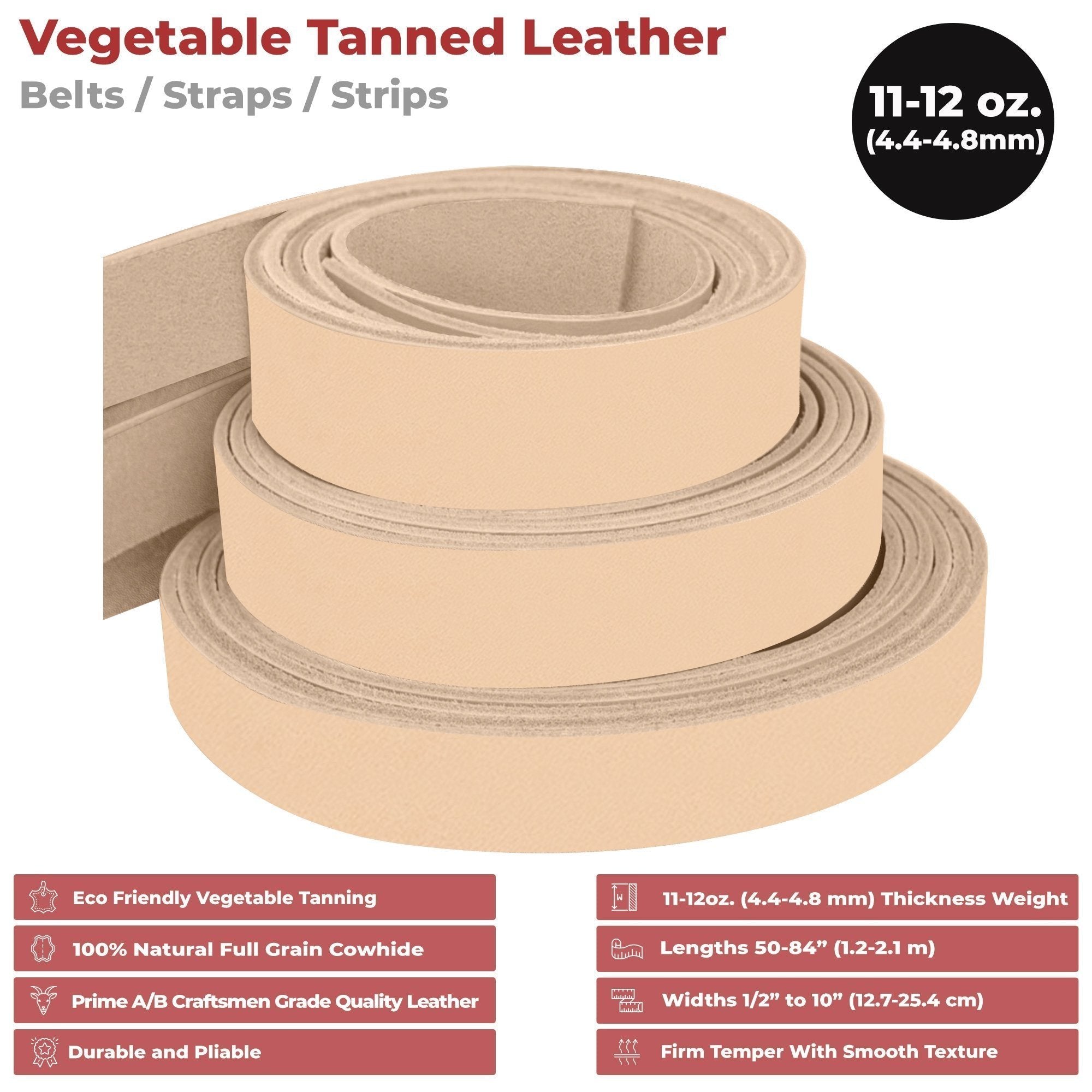 Thick Leather Strip Vegetable Tanned Import Cowhide 11-12 oz / 4mm-5mm / Perfect for Tooling Leather Crafting Belts, Straps, Harnesses, Saddle, DIY | Full Grain Leather Secondary image