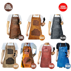 ELW Full Grain Leather Apron-2 Pouch Leather Apron, BBQ Apron, Men and Women's Apron, Kitchen, Cooking, Bartending, One Size