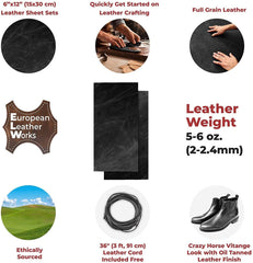 ELW 5-6 oz (2-2.4mm) Full Grain Leather Craft Sets of 2-4 Pieces in Sizes from 6" to 24"with Cord Braiding String 36" included, Oil Tanned Real Cowhide for Tooling, Carving, Craft, Repair, Knife Sheaths