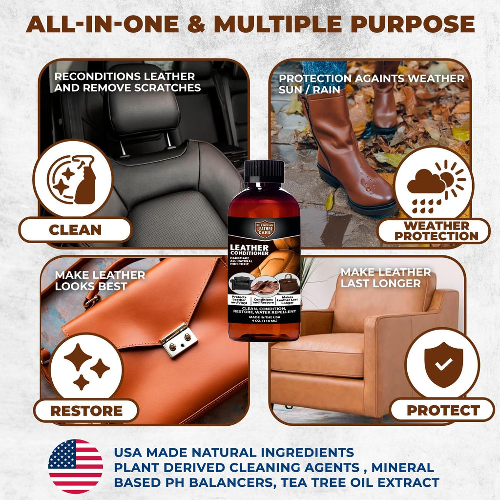 Leather Conditioner - All Natural Non Toxic Ingredients -  European Leather Care - Made in USA