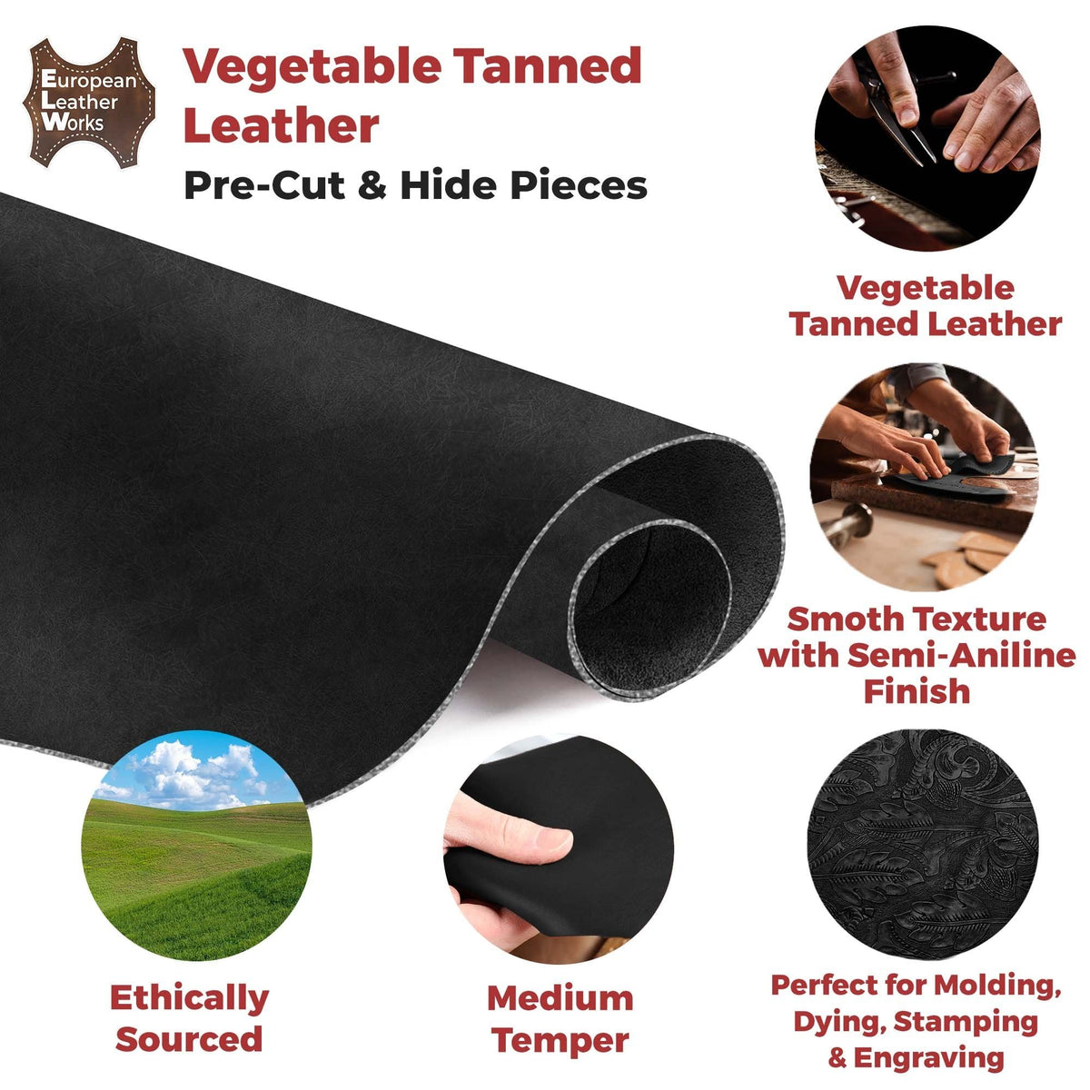 ELW Genuine Leather Vegetable Tanned 8-9 oz. (3.2-3.6mm) Size 6” to 14 SQ FT Full Grain Veg Tan Leather AB Grade Cowhide, Heavy Weight, Tooling, Carving, DIY, Holster, Stamping