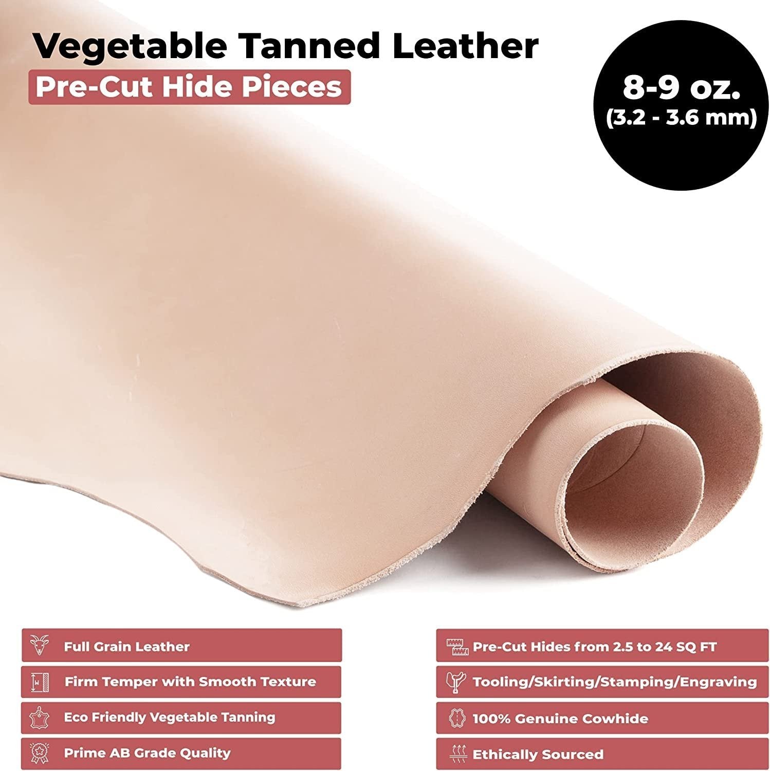 European Leather Works Vegetable Tanned 8-9 oz (3.2-3.6mm) | Size 14-16 SQ FT | Full Grain Import Cowhide Leather Side - Perfect for Tooling, Molding, Engraving, Dyeing, & Stamping