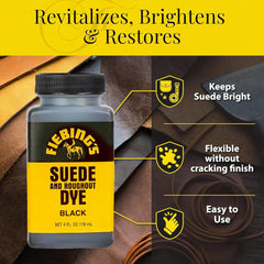 Fiebing's Black Suede Dye (4 oz) - Recolor, Brighten & Restore Suede & Roughout Leather Shoes, Furniture, Purse - Includes Wool Dauber for Easy Application - Flexible When Dry, Won't Crack or Peel