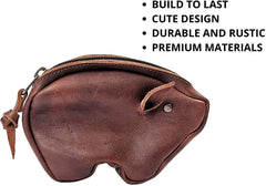 ELW Pig Coin Purse, Genuine Handmade Full Grain Leather Women and Girls Cute Fashion Coin Purse Wallet Bag Change Pouch Key Holder, Handmade with Rustic Cute Design, Perfect gift, Change Pouch Wallet