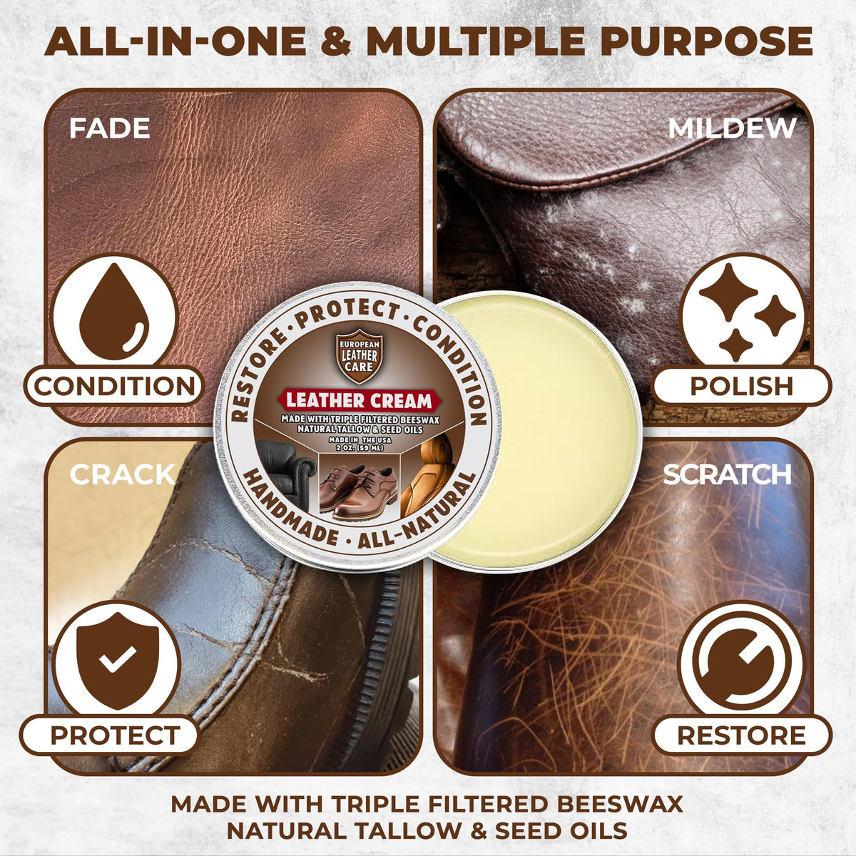 Leather Cream Conditioner & Protection - All Natural Ingredients - European Leather Care Cream - Made in the USA