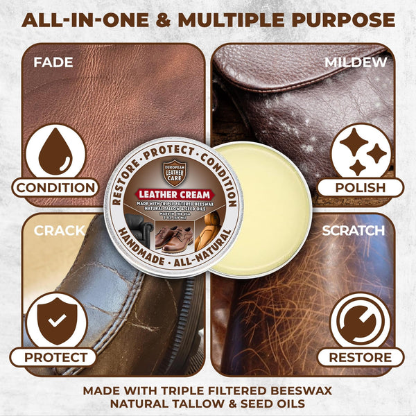 Leather Cream Conditioner & Protection - All Natural Ingredients - European Leather Care Cream - Made in the USA