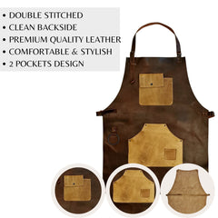 ELW Full Grain Leather Apron-2 Pouch Leather Apron, BBQ Apron, Men and Women's Apron, Kitchen, Cooking, Bartending, One Size