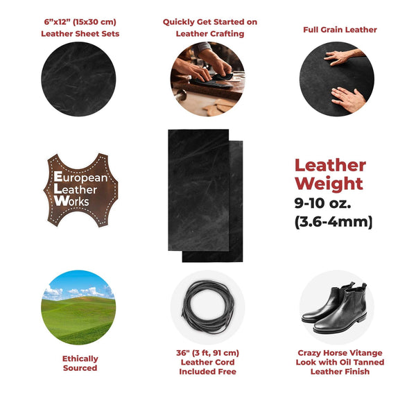 ELW 9-10 oz (3.6-4mm) Full Grain Leather Craft Sets with Cord Braiding String 36", Oil Tanned Real Cowhide for Tooling, Carving, Craft, Repair, Knife Sheaths