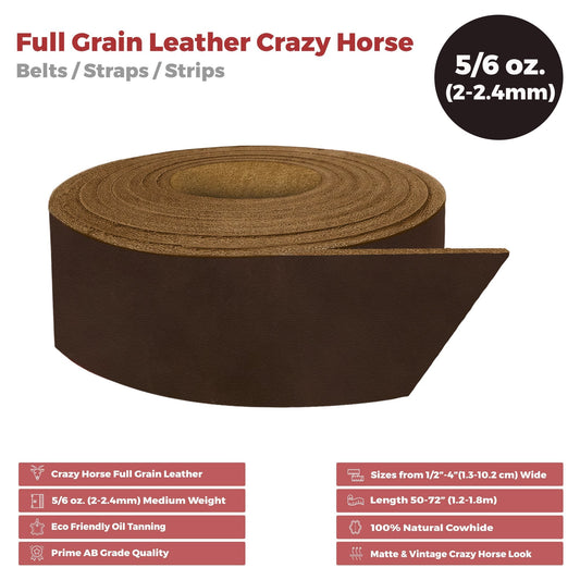 ELW 5-6 oz (2-2.4mm) Straps, Belts, Strips 50" Length - Full Grain Leather Crazy Horse Belt Medium DIY Craft, Pet Collars, Blanks, Accessory, Jewelry, Wrapping