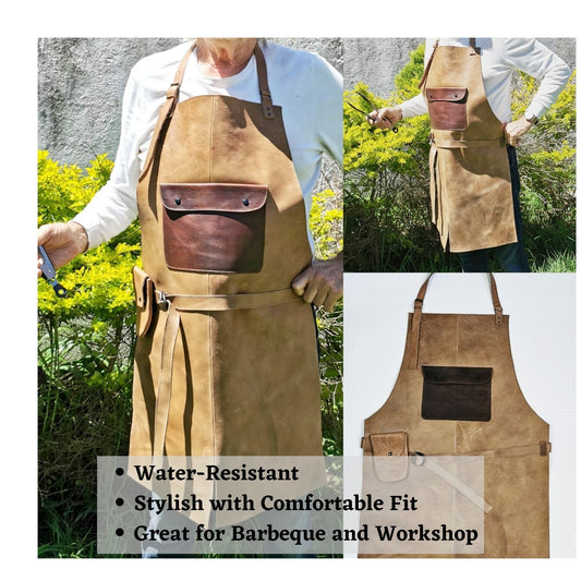 ELW Full Grain Leather Apron-Chest Pouch with Side Pocket, BBQ Apron, Kitchen, Cooking, Bartending, One Size for Men & Women