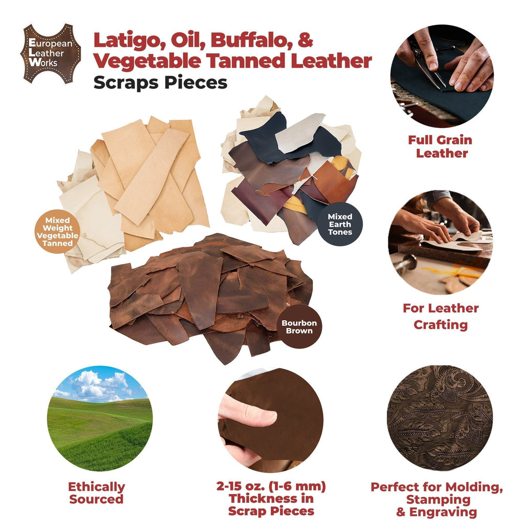 ELW Leather Scraps | Size: 1-100 LB | Genuine Cowhide Leather Remnants for Crafting, Ideal for DIY Leatherworking Projects Tooling, Holsters, Carving, Embossing, Stamping