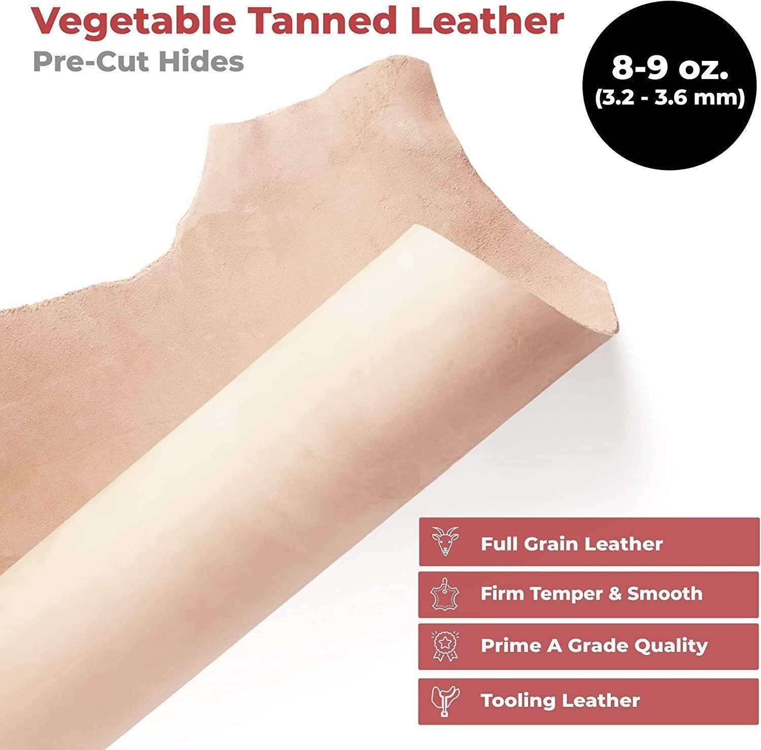 European Leather Works Vegetable Tanned 8-9 oz (3.2-3.6mm) | Size 14-16 SQ FT | Full Grain Import Cowhide Leather Side - Perfect for Tooling, Molding, Engraving, Dyeing, & Stamping