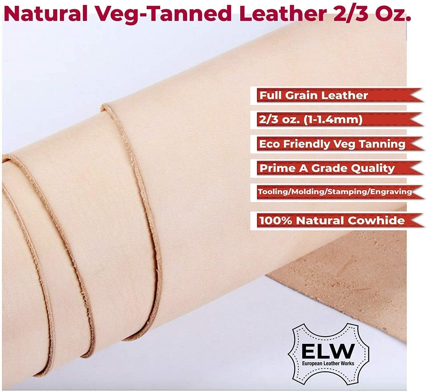 ELW Veg Tanned Leather Shoulder 2/3 oz. (.8-1.2mm) Light Weight 100% Natural Full Grain Leather Tooling Craft Lining Repair Projects Various Sizes: Secondary image