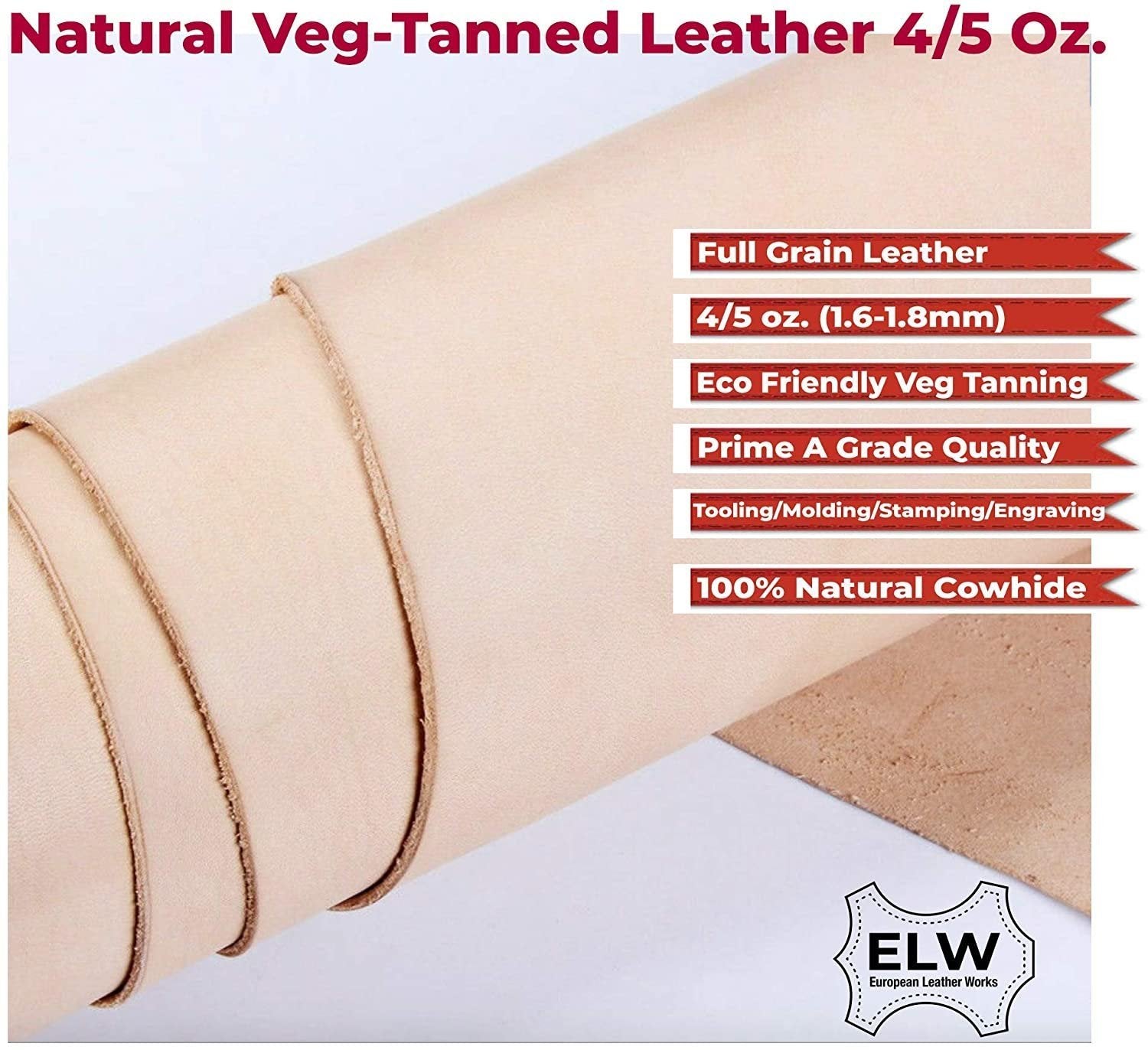 ELW Tooling Full Grain Leather Vegetable Tanned 4-5 oz (1.8-2mm) Thickness Pre-Cut Sizes 6" up to 16 Sq Ft Cowhide Full Grain Leather Craft Holsters Emboss Stamp Secondary image