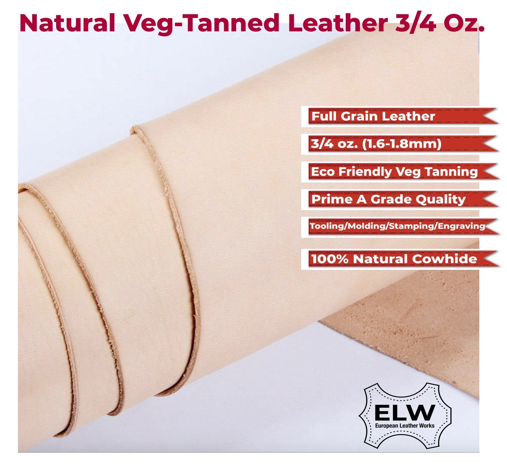 Veg Tan Tooling Leather 3/4 oz (1.4-1.8mm) 2 Piece Special Price Pre-Cut 6" to 48" Import AA Grade Natural Cowhide Leathercraft, Molding, Holster, Armour, Projects, Repair, Lining Secondary image