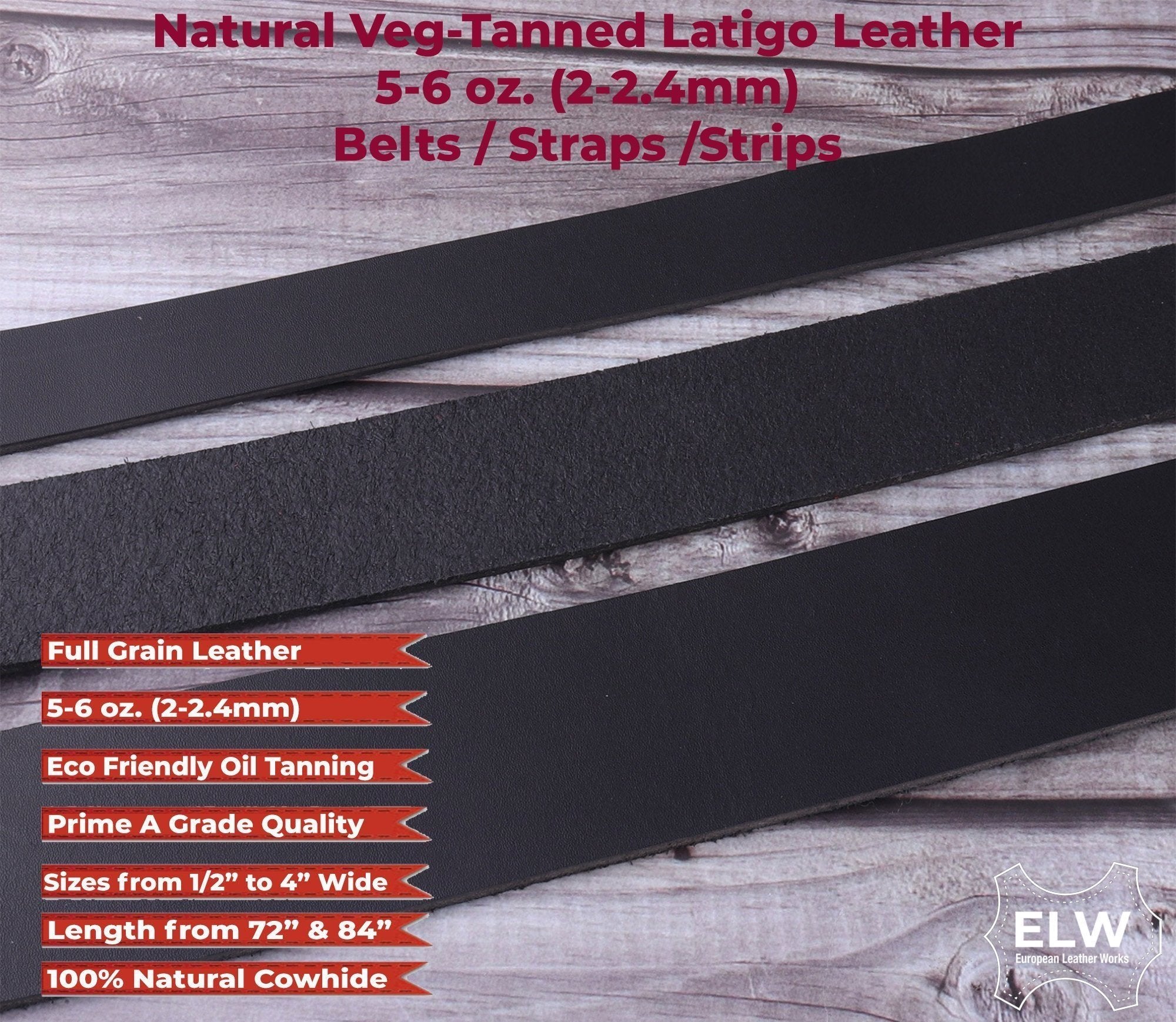 Black 5/6 oz. (2mm) Tooling Leather Belt/Strip/Straps Vegetable Tanned 1/2"-4" Wide, 56-60" Length, Blank Belts, Natural Cowhide Leathercraft Projects Secondary image