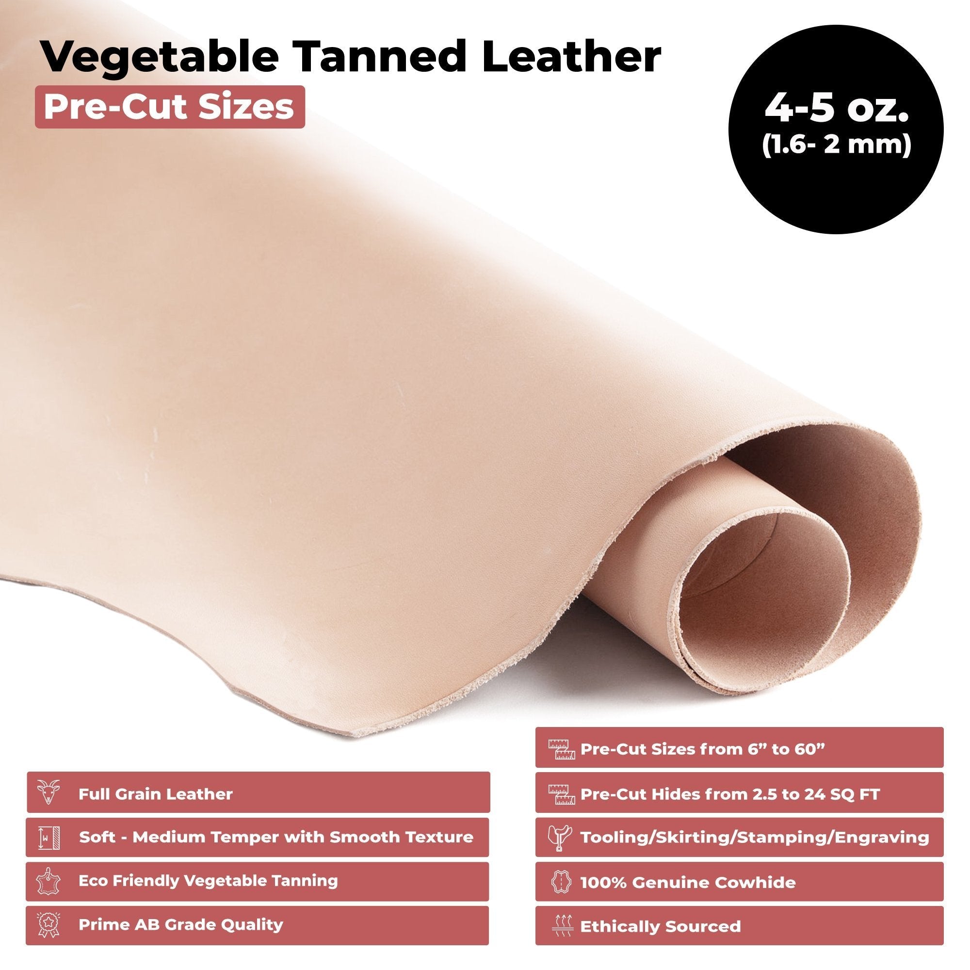 ELW Full Grain Cowhide Leather 4-5 oz [1.6-2mm] Thickness in Pre-Cut - AB Grade Hide Vegetable Tanned Leather Using for Tooling, Carving, Molding, Dyeing Material for Craft, Hobby, Workshop Secondary image