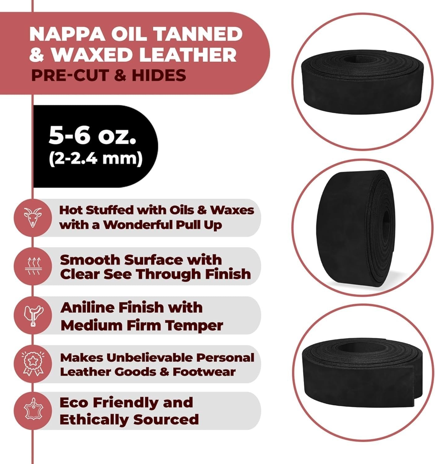 ELW 5-6 oz (2-2.4mm) Nappa Oil Tanned & Waxy Finish Leather 84" (213cm) Length, Belt Grade Straps Full Grain Craftsman A/B Grade Natural Cowhide, DIY, Crafting, Strips