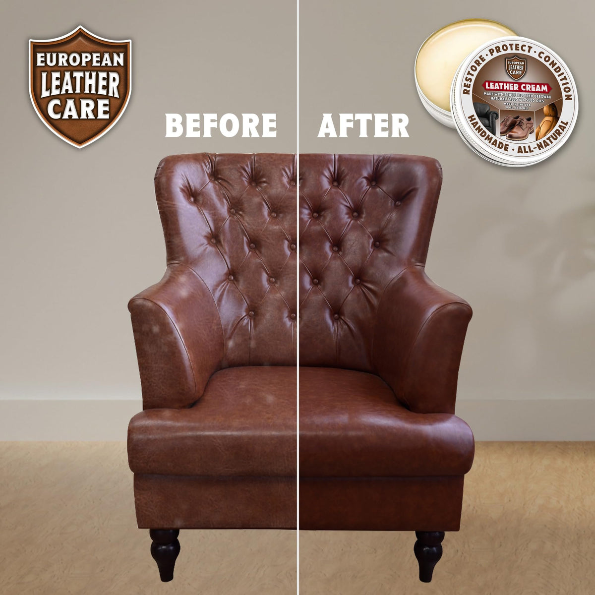 Leather Cream Conditioner & Protection - All Natural Ingredients - European Leather Care Cream - Made in the USA