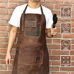 ELW Full Grain Leather Apron-2 Pouch Leather Apron, BBQ Apron, Men and Women's Apron, Kitchen, Cooking, Bartending, One Size